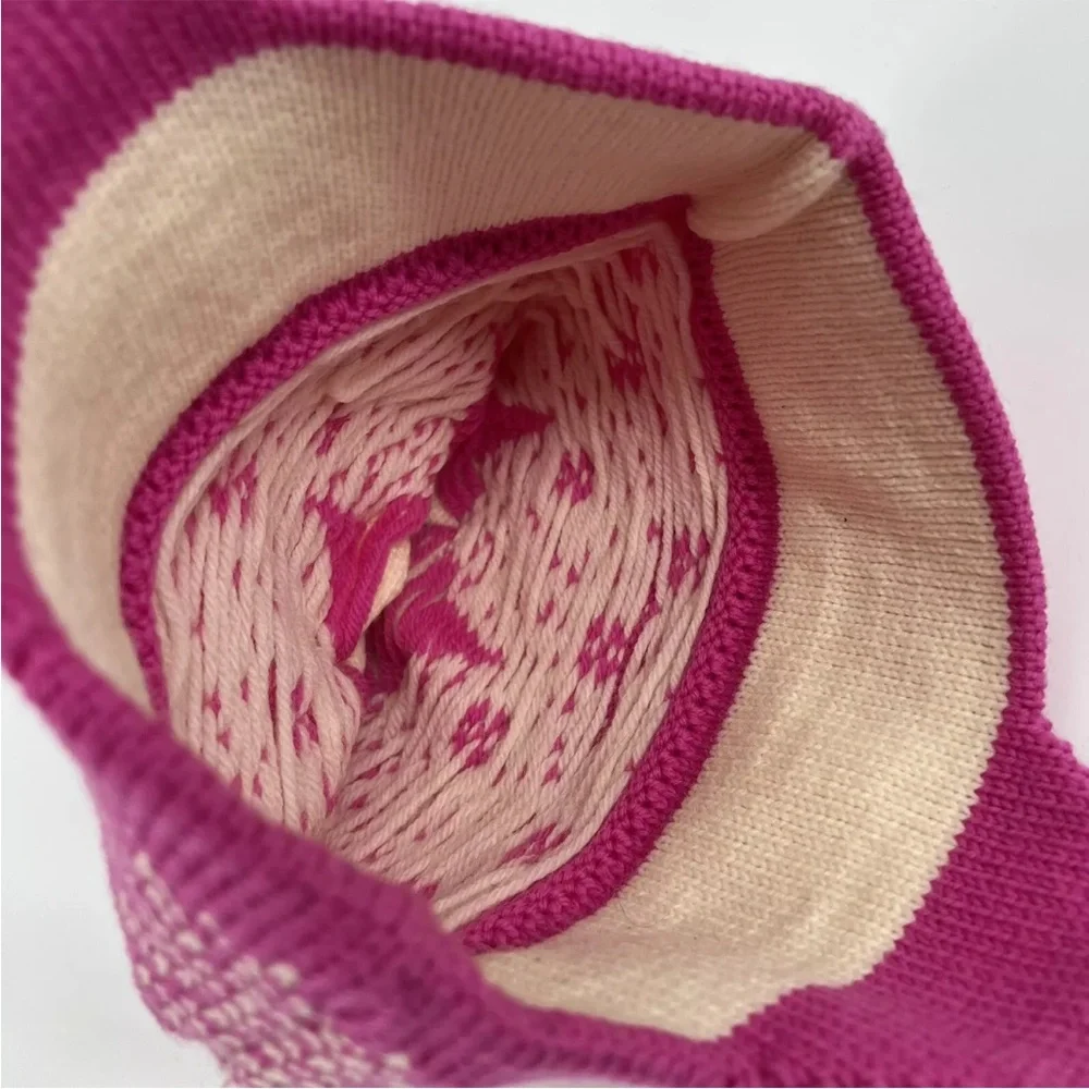 Vintage Ski Hat Pink Fairisle Knit Earflaps Wool Blend Vermont Needlecrafts USA